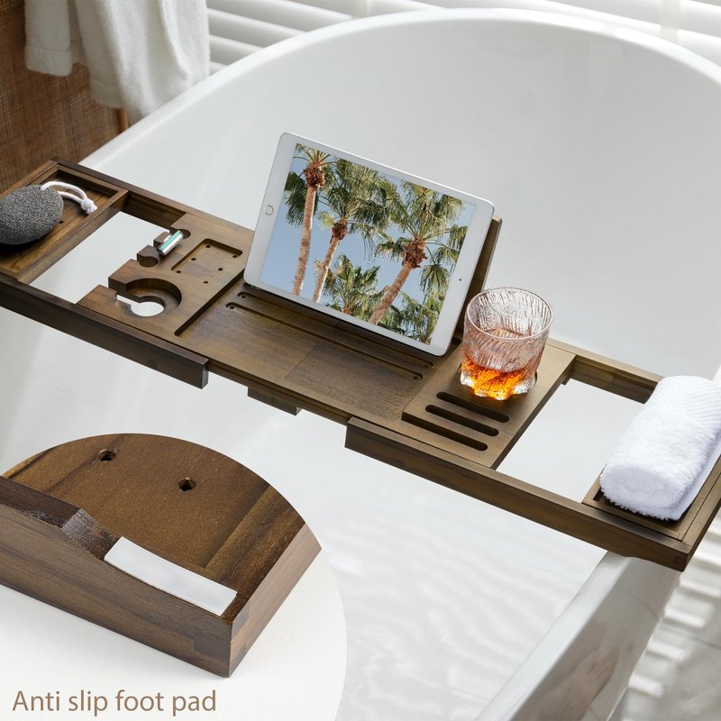 Realgulf Teak Bathtub Tray | Adjustable Width Tray with Wine Holder, Tablet/Phone & Book Stand, Splash-Proof for Bath Time- Walnut
