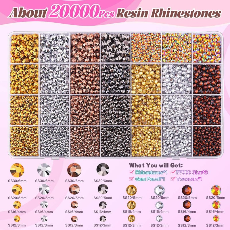 20000Pcs Metallic Rhinestones for Bedazzling Kit with 3Pcs B7000 Jewelry Glue, Resin Rhinestones for Crafting Crafts，Bedazzler Kit Flatback Gems for Clothing Shoes Tumblers Nail Art