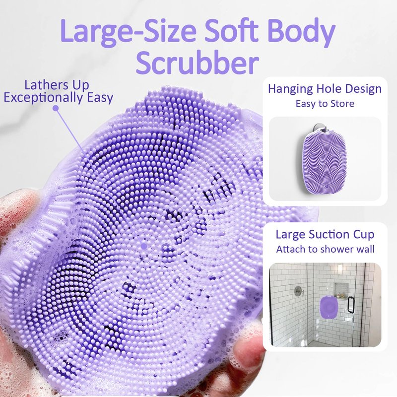 ARIOSOX, Soft Silicone Body Scrubber, Gentle Like a Hand Exfoliating Your Skin and Build Up Lather Easily, Back Large Suction Cup Easy to Store, Long-Lasting & Deep Clean (Purple)