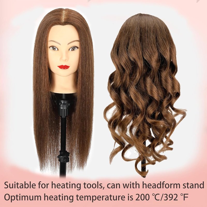 Real Hair Mannequin Head - 20” Nature Brown Cosmetology Training Doll with Clamp & Comb