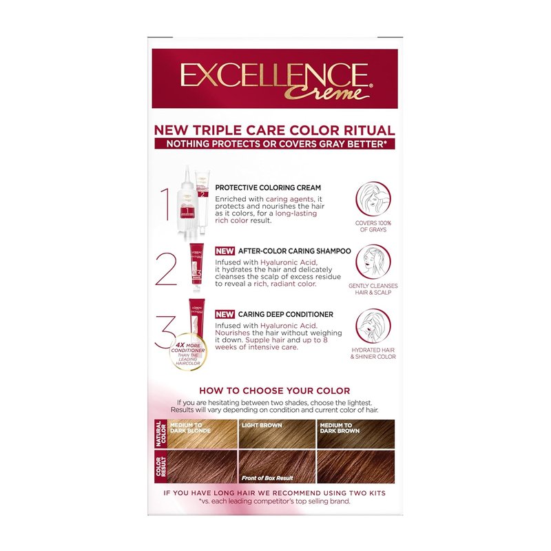 L'Oreal Paris Hair Dye - Excellence Crème Permanent Color with Hyaluronic Acid for 100% Gray Coverage | 6RB Light Reddish Brown, 1 Kit