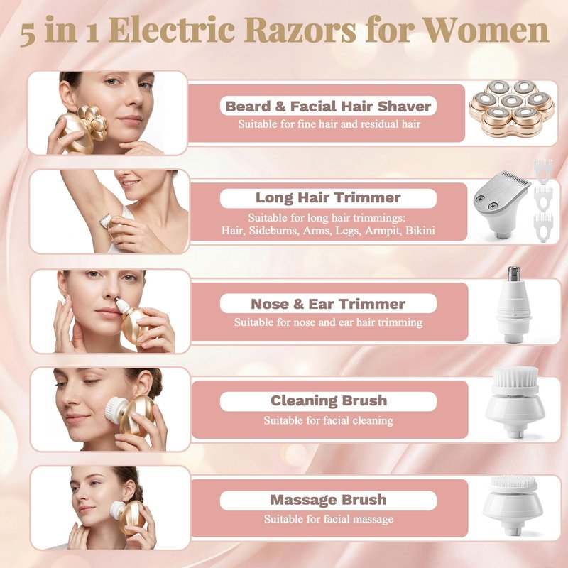 Electric Razors for Women, 5-in-1 Magnetic Electric Shaver for Women, 7D Womens Electric Razor, Wet Dry Bikini Trimmer, Rechargeable Full Body Hair Removal for Face Arms Legs Armpit Pubic Area