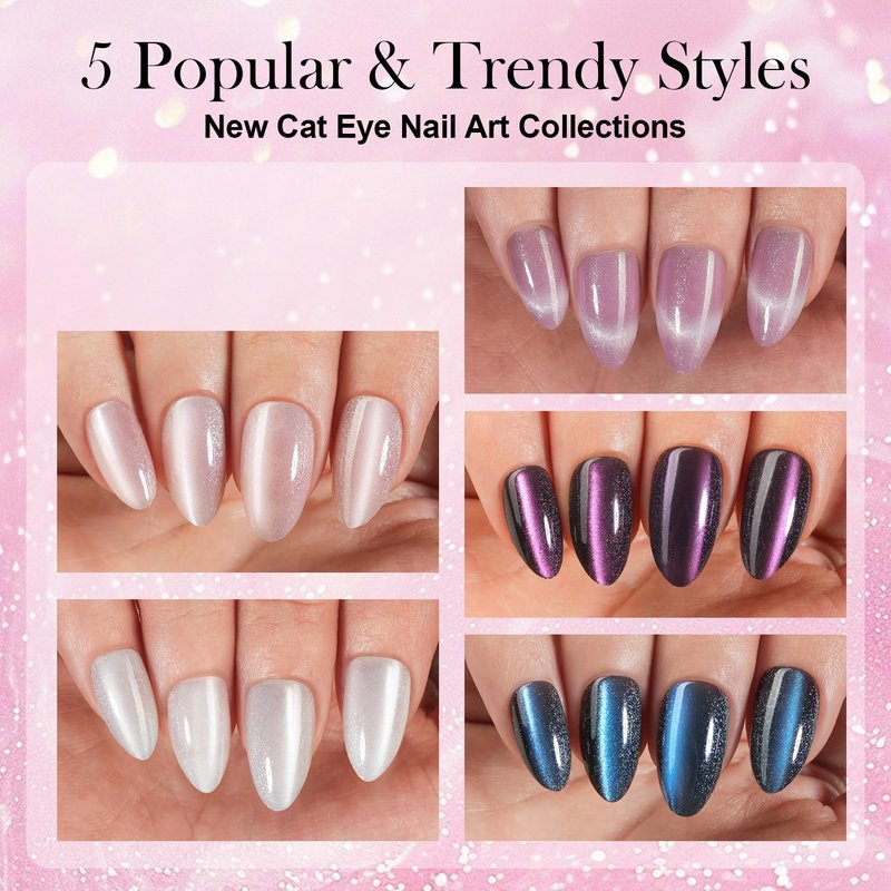 Cat Eye Press-On Nails - 300 Pcs Glossy Glitter Medium Almond Soft Gel Nail Tips | Reusable in 15 Sizes