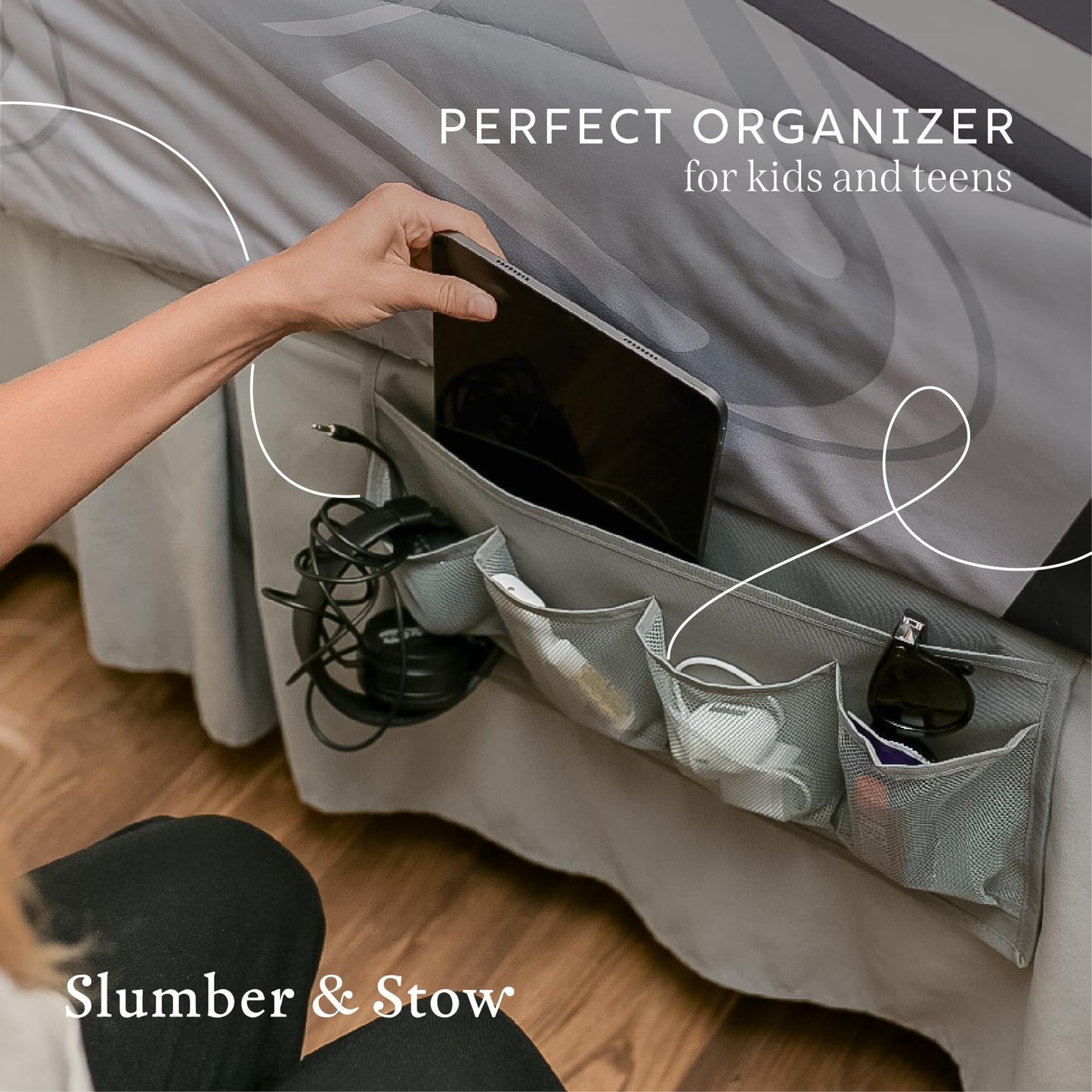 Houseify Slumber & Stow Hanging Bedside Caddy - 5 Pocket Bed Caddy Organizer for Tablets, Magazines, Phone, Glasses, Remotes & More - Ideal Storage For Dorm, Bedroom & Living Areas - 10"x17.3"
