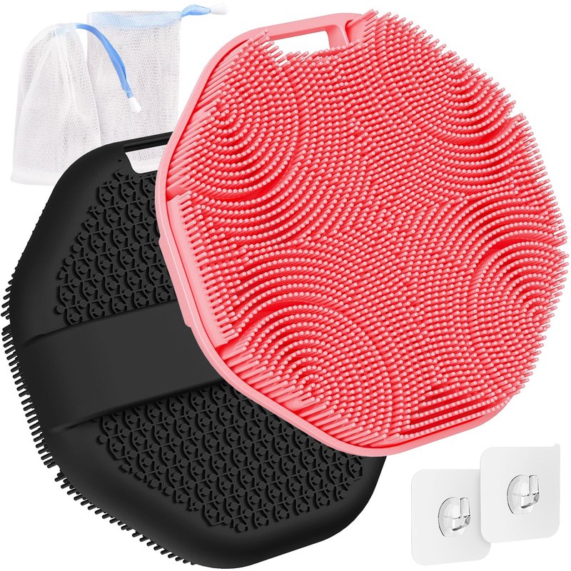 Manmihealth Soft Silicone Body Scruuber 4 PCS, Upgrade Gentle-Cleansing Shower Brush with Non-Slip Hand Strap, Exfoliating Silicone Loofah with Soap Bag (Black+Pink)