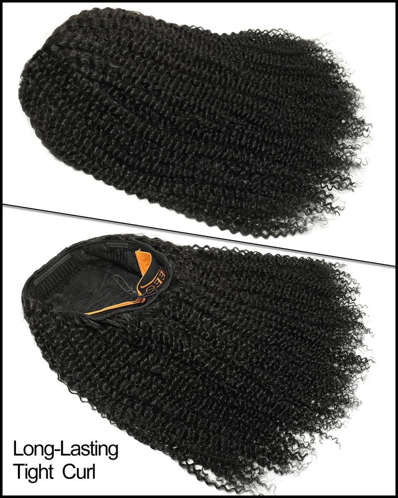 Jet Black Kinky Curly Half Wig - 200% Density Glueless Drawstring | 20 Inch for Black Women