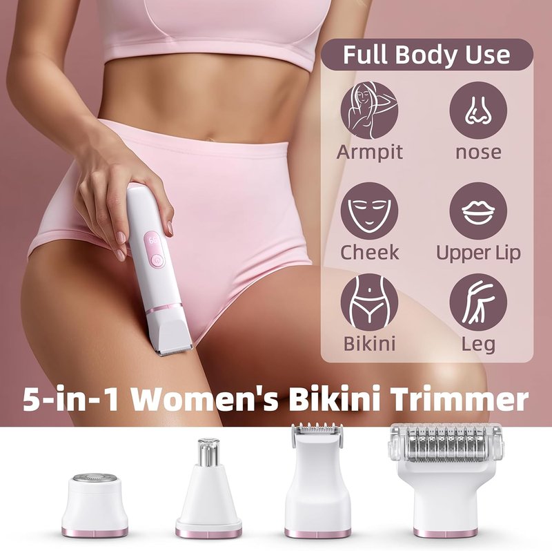 5-in-1 Bikini Trimmer for Women - IPX7 Waterproof Electric Shaver with LED Display | Rechargeable Hair Removal, 5 Ceramic Blades