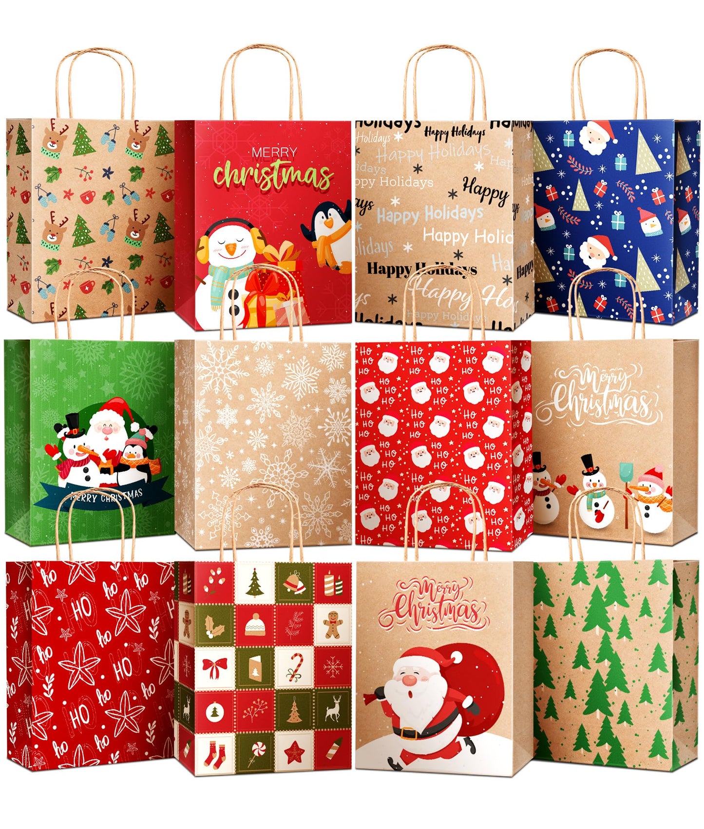 DeckTheHalls 24 Pack Christmas Gift Bags with 12 Stylish Prints, Christmas Tote Bags with Sturdy Handle, Reusable Xmas Kraft Gift Bags for Holiday Gifts, Party Favors, Ideal for Wrapping Gifts