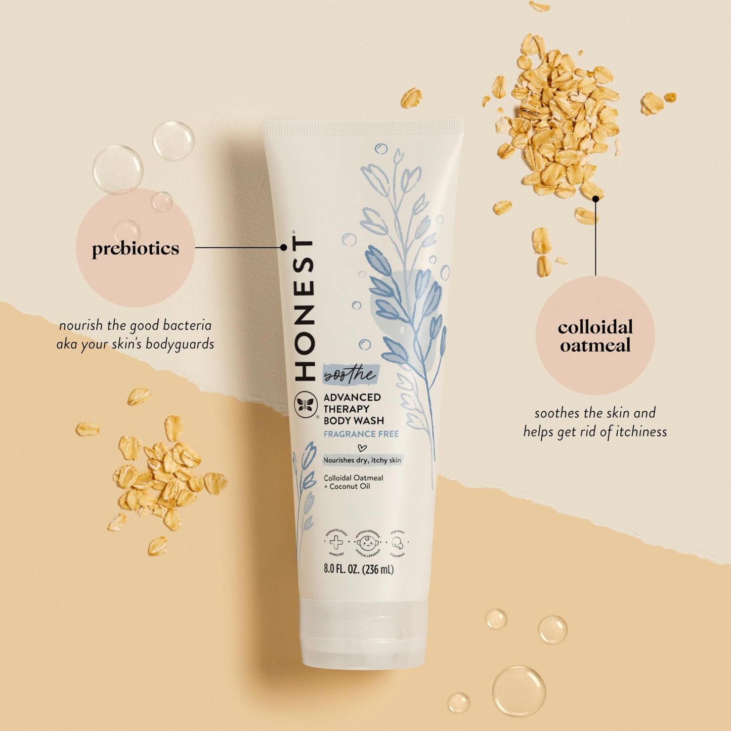The Honest Company Eczema Soothing Therapy Cleansing Body Wash, Naturally Derived Gentle for Baby, Prebiotics Colloidal, Oatmeal, 8 oz