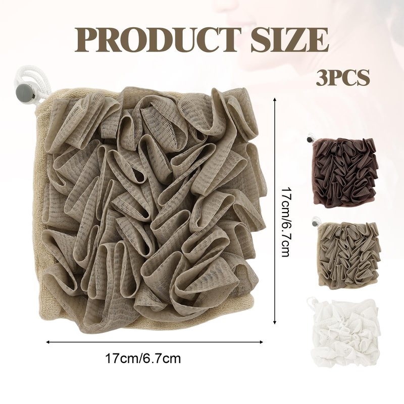 3 PCS Soap Bar Loofah that Holds Bar Soap-Exfoliation Mesh Shower Ball,2 in 1 Bath Loofah Sponge with Drawstring (Coffee, Khaki, White)