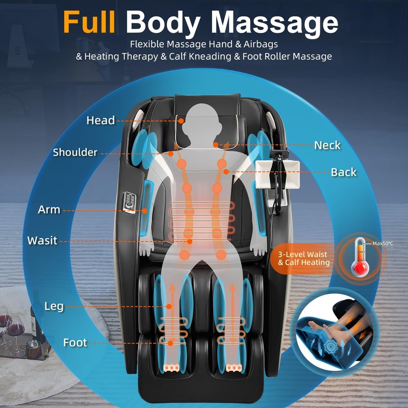 Luxury 4D Full Body Massage Chair with Calf Kneading, Zero Gravity SL-Track Shiatsu Recliner ,18 Auto Modes & 6 Massage Techniques,Lumbar & Calf Heating,Foot Roller,Voice/App/Touch Control,Body Scan