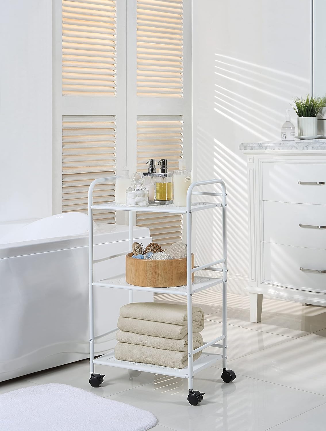 SunnyPoint 3-Tier Rolling Utility Cart - Metal Storage Organizer with Wheels | Mobile Kitchen & Office Cart, White, 12"D x 16.92"W x 31.1"H