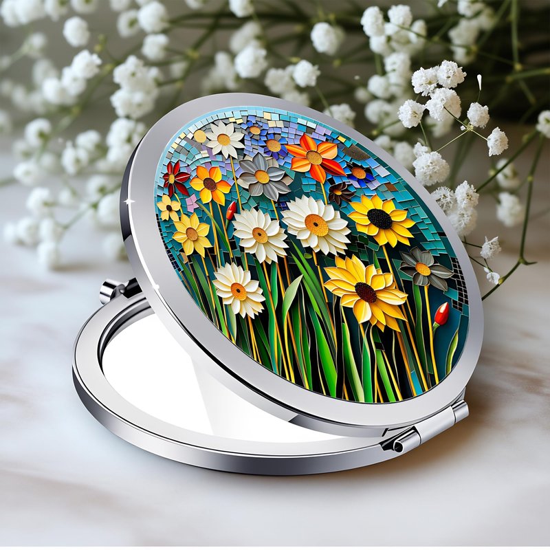 Silver Compact Mirror, 2.8x2.8inch Double-Sided Folding Makeup Mirror with Pink Heart Ornate Relief Design, Ideal Gift for Women