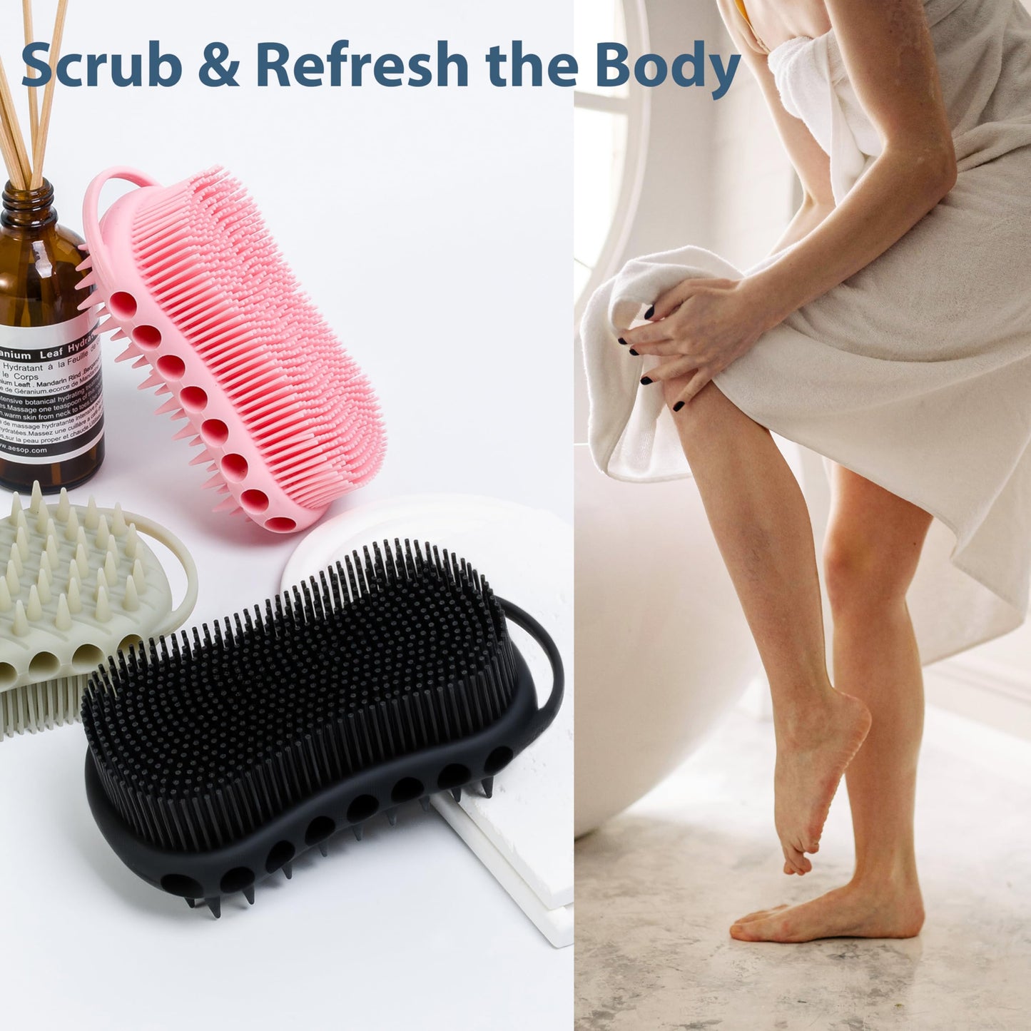 MtBoi Double-Sided Exfoliating Silicone Body Scrubber, 2-in-1 Bath Scrubber, Shampoo Brush, Silicone Loofah for All Skin Types, Shower Body Scrubber, Easy to Clean, Lather Well (Pink)