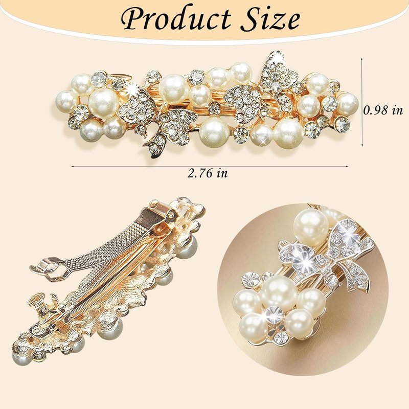 Gold Pearl Hair Clips - French Rhinestone Barrettes for Women | Decorative Clips for Weddings & Everyday Wear
