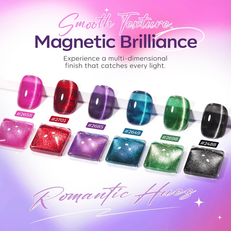 modelones Cat Eye Gel Nail Polish Set, Hema-Free 6 Colors Noen Glitter Pink Red Green Purple Blue Black Cateye Gel Polish Kit with Magnet Sparkle Galaxy Series Soak Off Led Nail Art Salon DIY Gifts