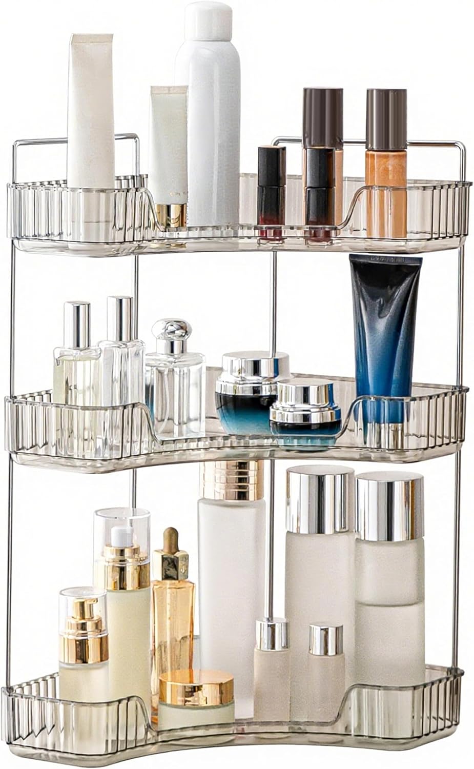 YCIA&DONE Corner Bathroom Counter Organizer - 3-Tier Makeup & Skincare Tray | Smoky Gray Storage Solution