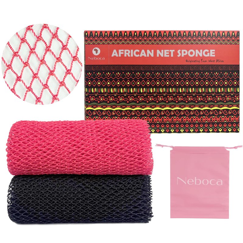 African Net Sponge Authentic African Exfoliating Net Sponge with Knots Afro Body Scrub Back Scrubber Africa Wash Net Cloth Real Sapo Bath Sponge for Shower (Pink & Black)