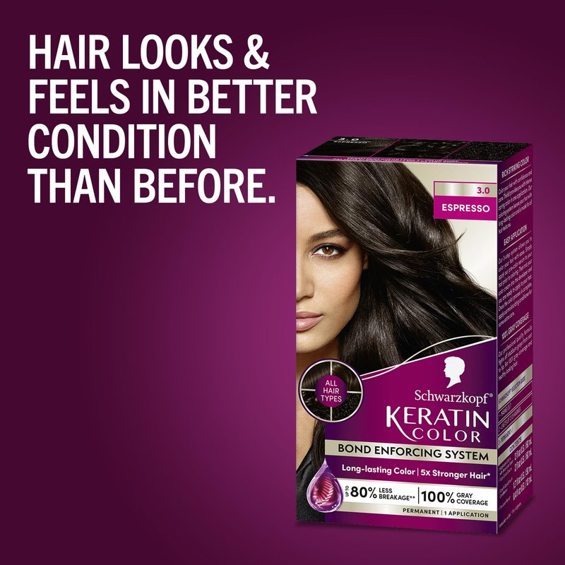 Schwarzkopf Keratin Permanent Hair Dye Cream, 3.0 Espresso, Professional Quality Color for Up to 100% Gray Coverage, Bond Enforcing System