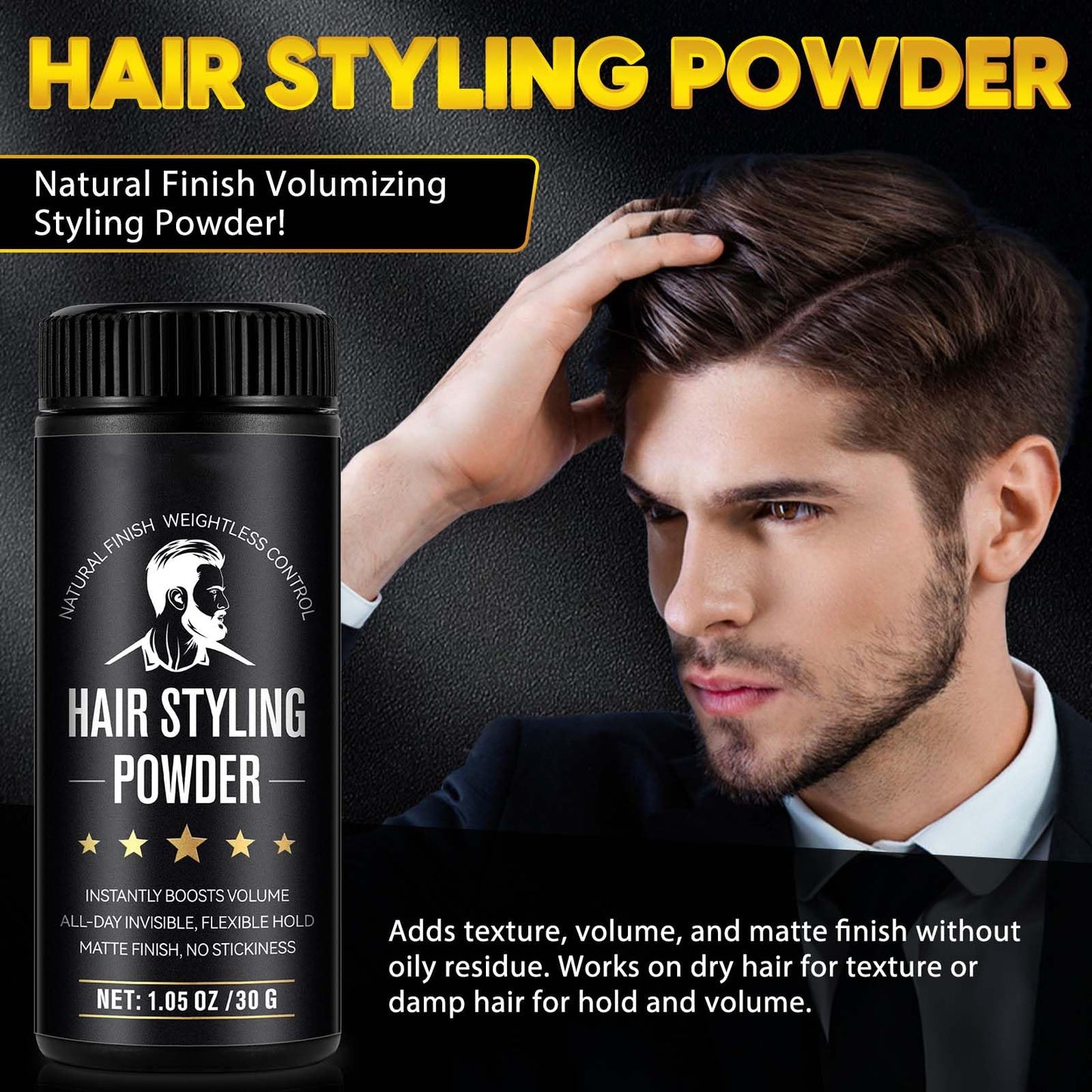 ZIXAOK Hair Styling Powder for Men - Volumizing & Texturizing Powder with 24H Strong Hold, Matte Finish for Fine, Thin, Flat Hair, Adds Invisible Volume & Thickness, Non-Sticky Formula, 1.05oz