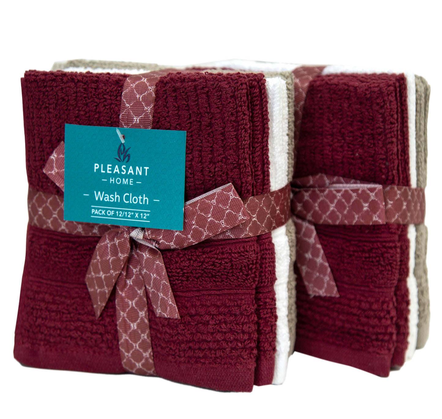 PH Pleasant Home Ribbed Wash Cloths Set - 12 Pack (12” x 12”) – 509 GSM - 100% Ring Spun Cotton Wash Cloth - Super Soft and Highly Absorbent Face Towels (Maroon, White & Tan)