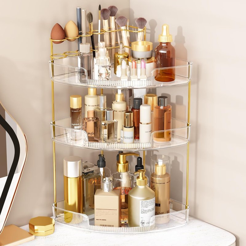 FELIZHOUSE 3-Tier Makeup Organizer - Acrylic Vanity Storage with Perfume Tray & Brush Holder | Clear Design