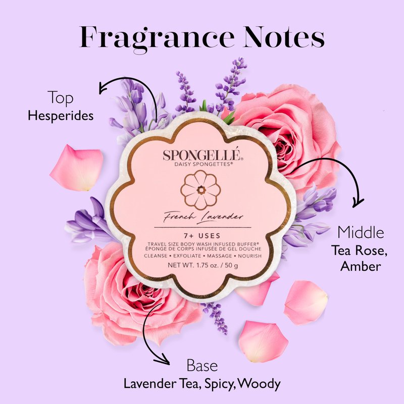 Spongellé French Lavender Daisy Spongette Bath Sponge | Built-in Body Wash & Body Scrubber, Shower Loofah Sponge for Women, Travel Essentials | 7+ uses