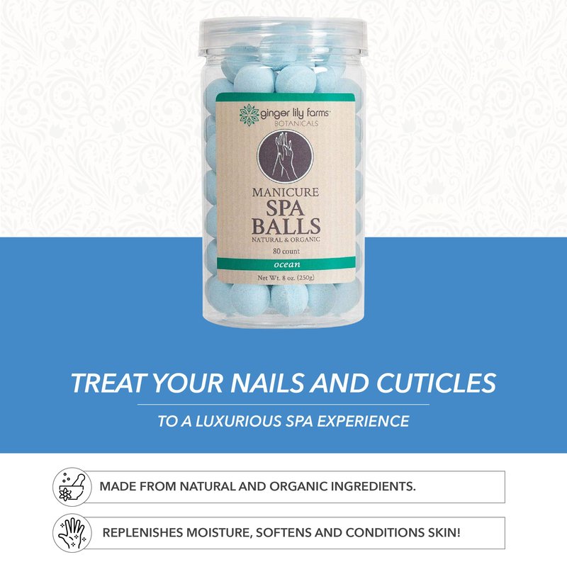 Ginger Lily Farms Botanicals Manicure Spa Balls Ocean, Manicure Soak Balls Replenishes Moisture, Softens and Conditions Skin, 8 Ounces, 80-Count