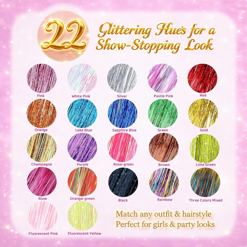 Hair Tinsel Kit - 48 Inch Glitter Tinsel Extensions for Girls & Women | 22 Color Options for Parties & Festivals
