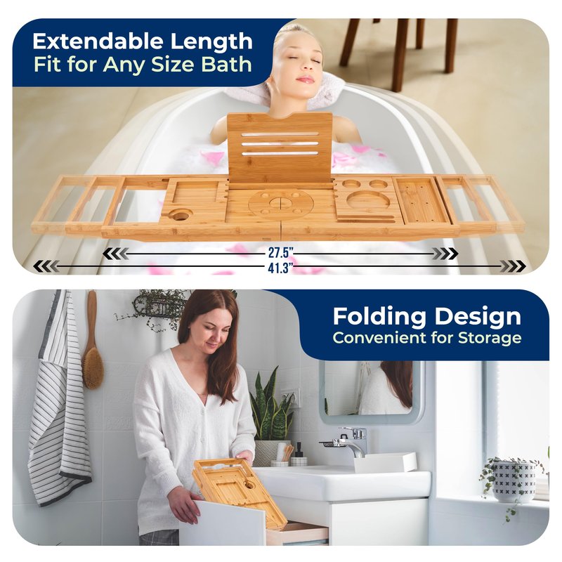 SereneLife Premium Bathtub Tray Caddy, Expandable Bath Tray, Unique House Warming Gifts, Gift for Mom, Women, New Home, Wedding, Anniversary, Bridal Shower, Universal Fit for All Tub - Natural, Folding, Gift Set