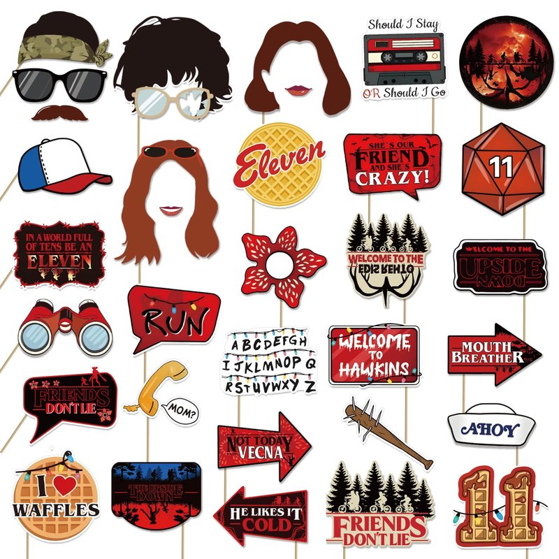 34pcs Stranger Birthday Party Decorations Photo Booth Props Red and Black Welcome to The Other Side Adventure Style Birthday Party Supplies for Photography