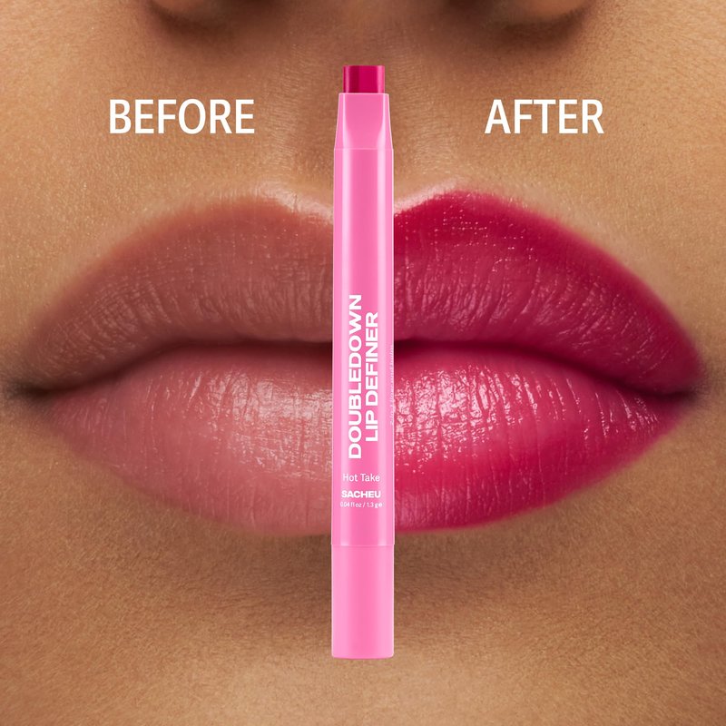 Sacheu DoubleDown Lip Definer — 2-in-1 Lip Liner & Balm — Long-Lasting Korean Make Up Lipstick with Satin Finish, Avocado Oil & Vitamin E (Hot Take)