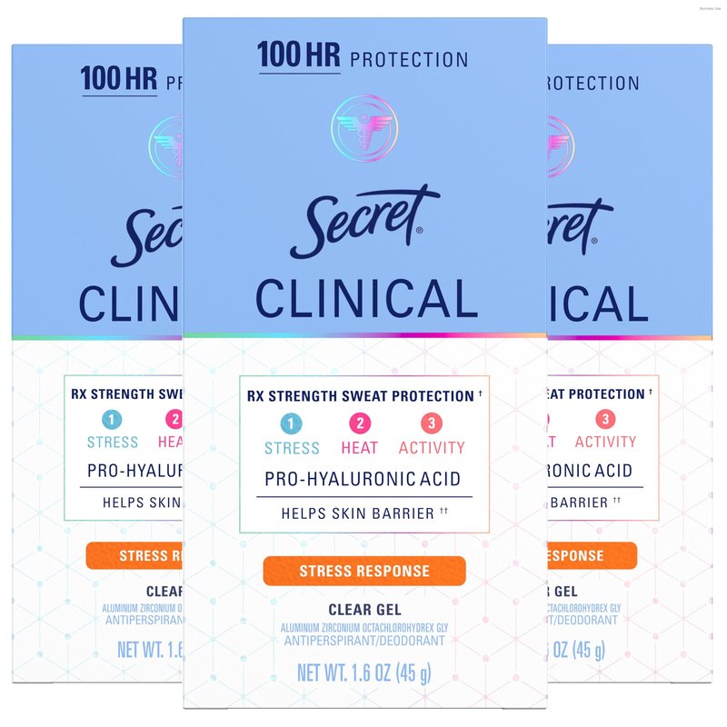 Secret Clinical Strength Antiperspirant Deodorant for Women, Stress Response, 3X Stress Protection, 72hr Sweat & Odor Protection, PH Balancing Minerals, Clear Gel, 1.6 oz (Pack of 3)