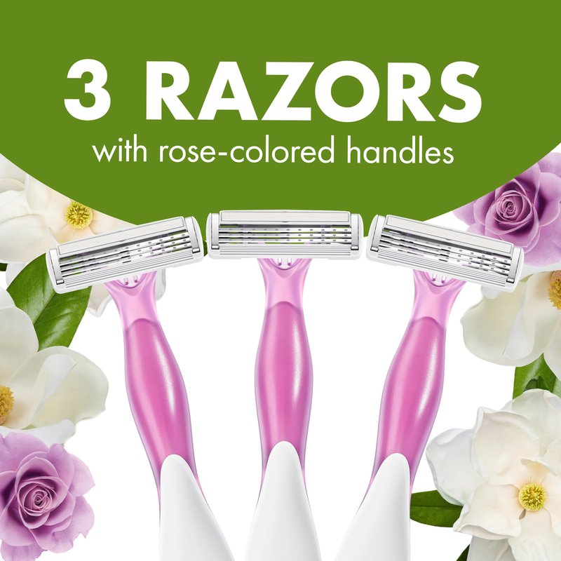 BIC Soleil Escape Women's Disposable Razors, 3 Blades for a Comfortable Shave, Pack of Rose and Magnolia Scented Handle Shaving Razors for Women, 3 Count