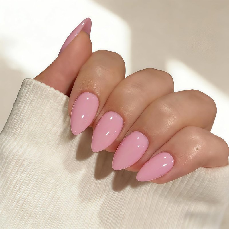 Baby Pink Press On Nails Short Almond, Bright Pink Fake Nails with Glue, Neutral Glossy Stiletto Stick Glue on Nails Kit for Women, Reusable UV Finish Acrylic False Nail Set, 30 Pcs
