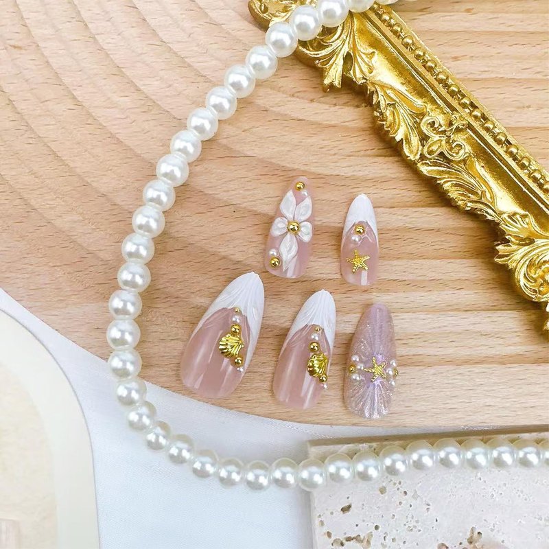 Skiennix 24pcs White French Tip Press-On Nails - Medium Almond Shape with 3D Floral Gold Pearl Designs