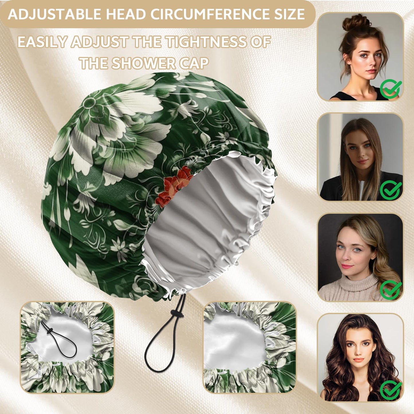 Zewurtuw Shower Cap Adjustable Waterproof Double Layer Elastic Reusable Hair Bath Cap Cute Aesthetic for Women Girls-Green Flower