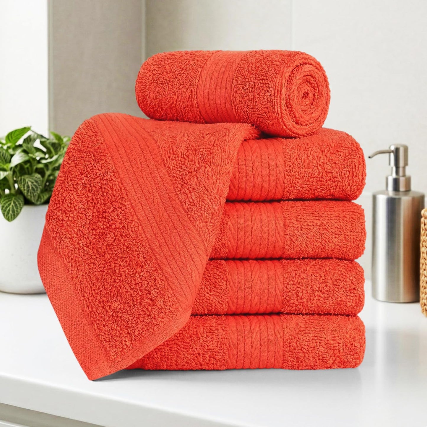 Ample Decor 100% Cotton Washcloths 12x12 Inches, 600 GSM, Soft & Absorbent, Durable, Set of 5, Orange