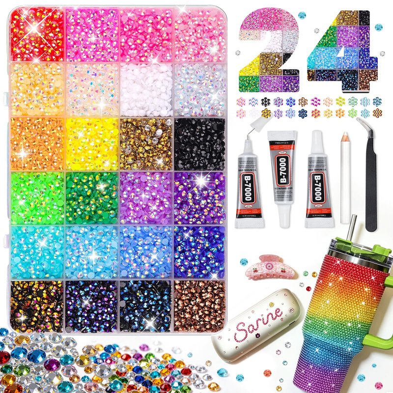 ESUOHYM Bedazzling Kit 30000PCS Bedazzled Kits 24 Colors 3MM Jelly Resin AB Flatback Rhinestones for Bedazzling Gems with 3PCS B7000 Glue Tools for Badazzle DIY Nail Art Gifts