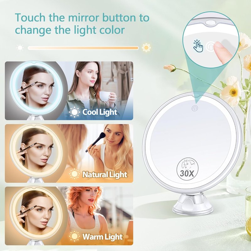 Lighted Makeup Mirror - 30X Magnification with Adjustable Brightness | 3 Color Modes, 360° Swivel Design, Suction Cup