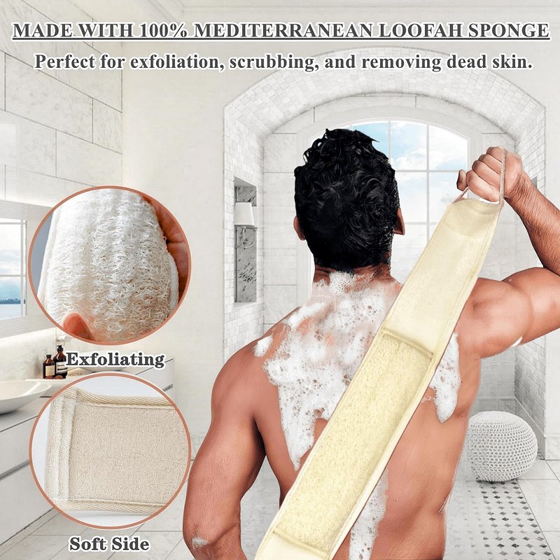 Exfoliating Natural Loofah Sponge Back Scrubber for Shower, 5 Pack Loofah Sponge Pads & Exfoliating Glove, Bath Shower Scrubber for Men and Women