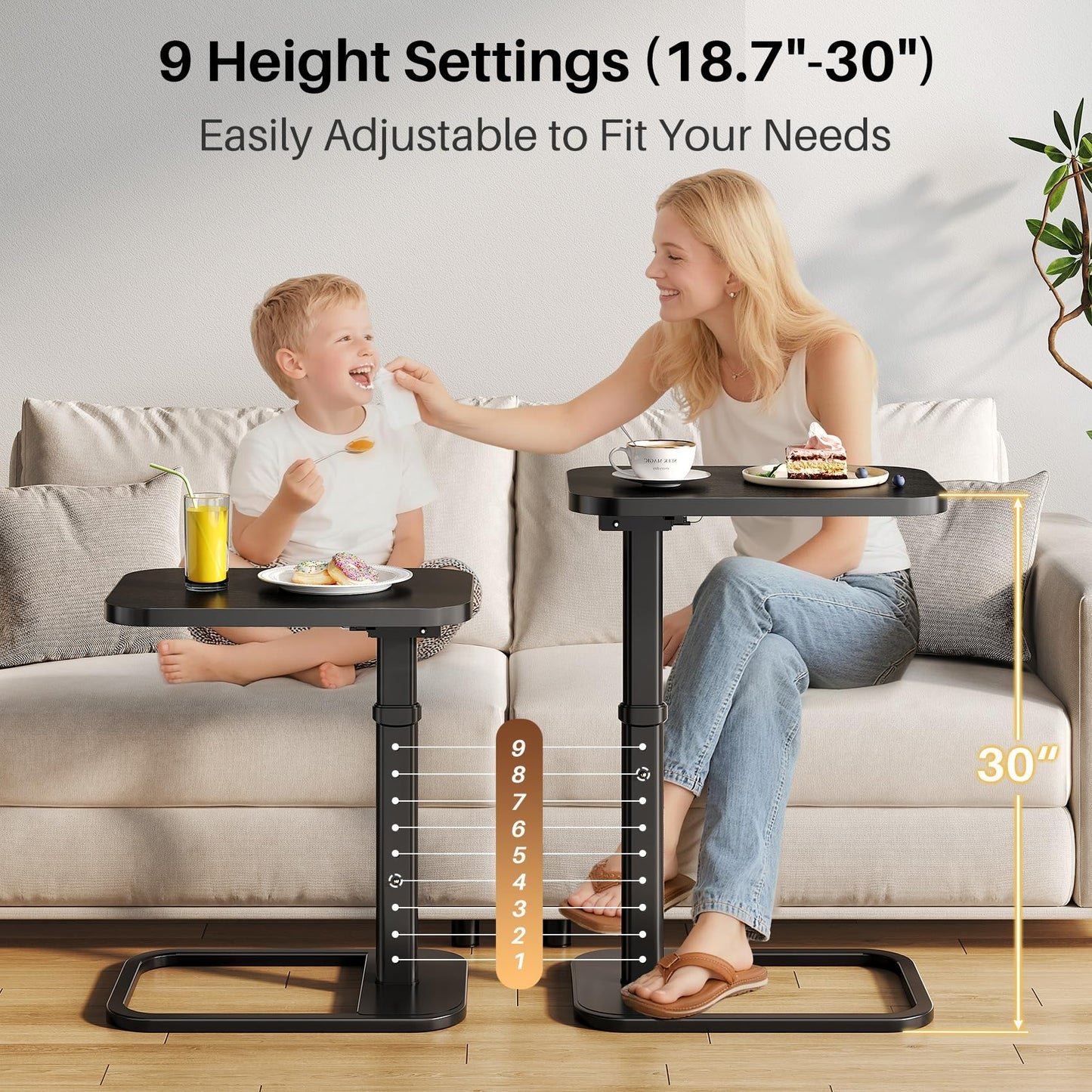 Branwick Adjustable Height TV Tray Table with Bumper Rounded Corner Design & Flip-top Side Table for Bedroom, Living Room, Bathroom and Study, End Table for Eating, Dinner or Laptop, Black