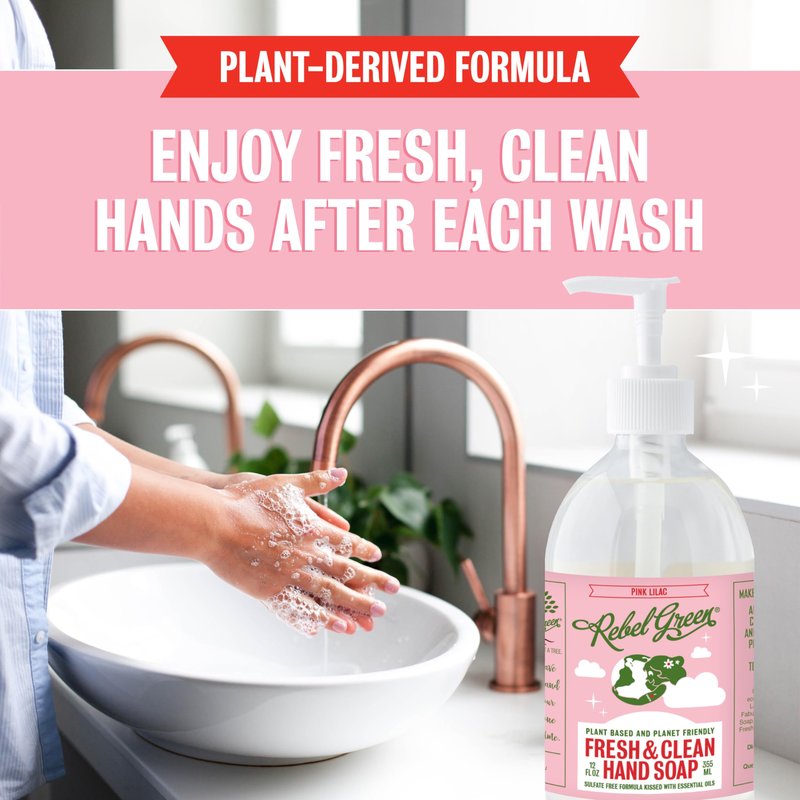 Rebel Green Fresh & Clean Hand Soap - Natural Liquid Hand Soap for Bathroom & Kitchen - Pink Lilac, 12 Fl oz, Pack of 2