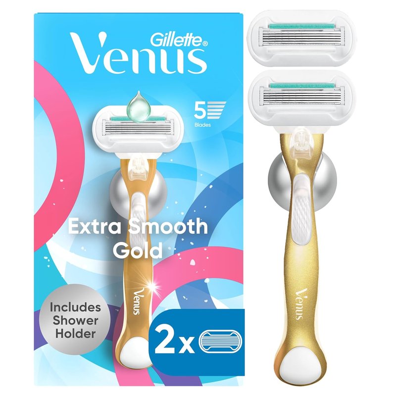 Gillette Venus Extra Smooth Women's Razor - Sensitive Gold Handle with 2 Blade Refills & Shower Holder