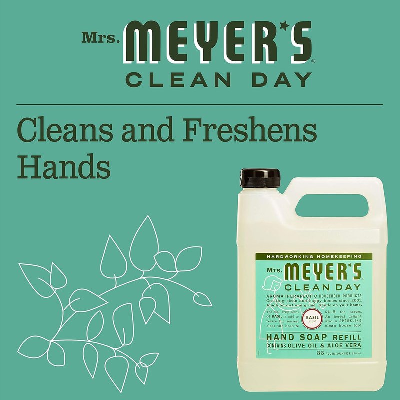 Mrs. Meyer's Hand Soap - Basil Scented Liquid Refill | 33 Fl Oz for Nourished Skin