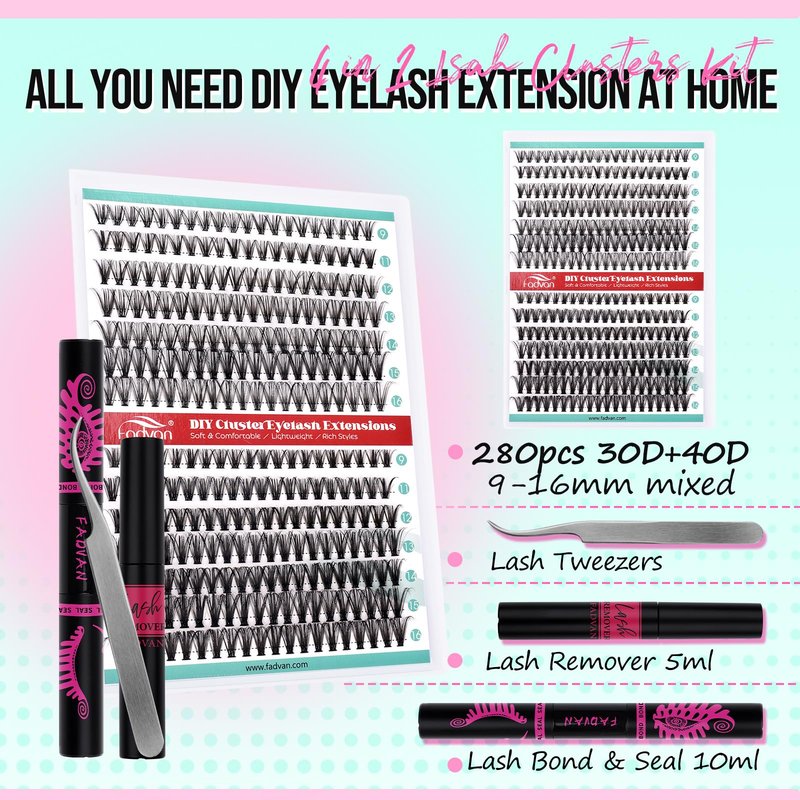FADVAN Lash Clusters DIY Lash Extensions Kit 280pcs Individual Lashes Clusters 30D+40D Eyelash Extension Kit with Applicator and Lash Bond&Seal,Glue Remover, Beginner Friendly (30D+40D, 0.07D, 9-16mm)