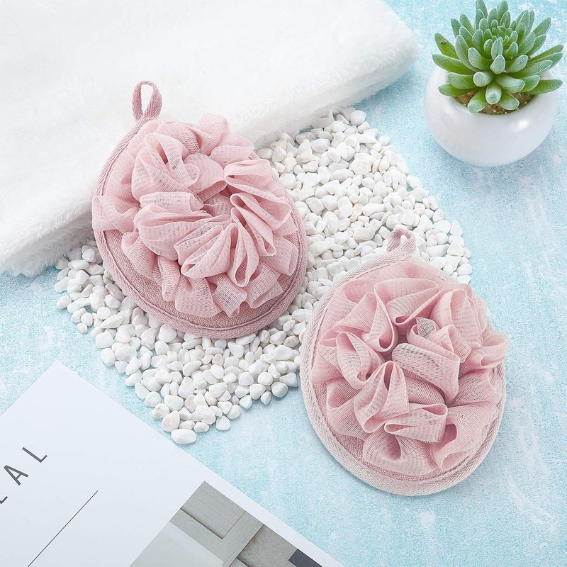 Boao 3 Pcs Bath Shower Pouf Sponge Mesh Pouf Shower Ball Exfoliating Body Sponge Pad Scrubber Glove with Flower Bath Ball (Pink)