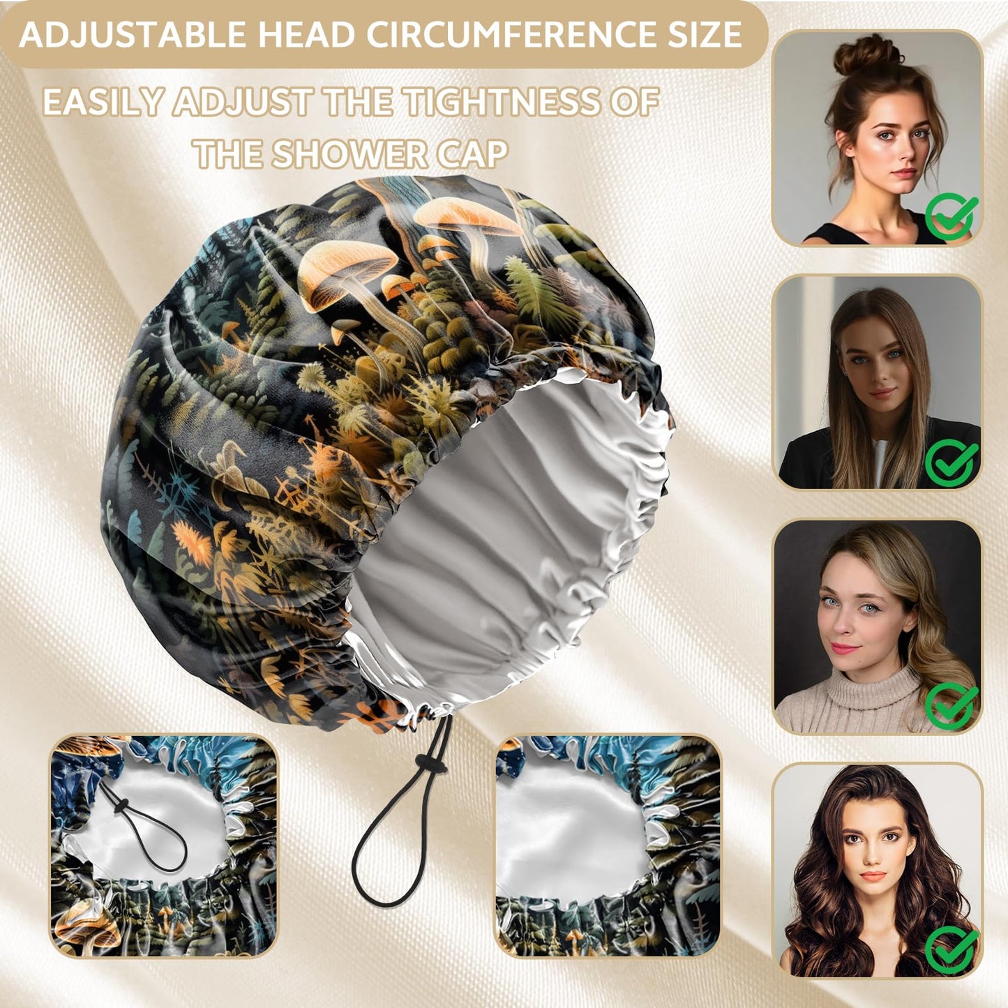 Zewurtuw Shower Cap Adjustable Waterproof Double Layer Elastic Reusable Hair Bath Cap Cute Aesthetic for Women Girls-Blue Mushroom