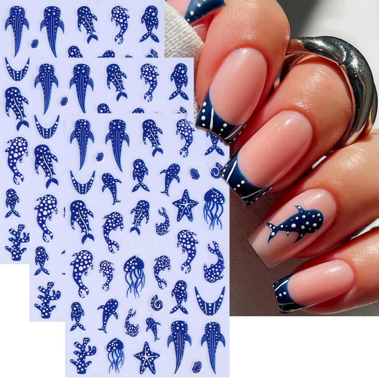 Summer Ocean Nail Stickers 3PCS Blue Polka Dot Whale Shark Nail Art Stickers Starfish Jellyfish Design Self-Adhesive French Manicure Decals Nail Supplies for Women DIY Nail Decorations