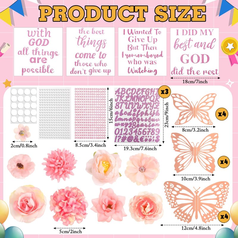 Feifeiya 41 Pcs DIY Graduation Cap Decorations Accessory Kit Include Faux Flower Heads Graduation Quote Glitter Sticker 3D Butterfly Pearl Rhinestones Sticker (Classic,Pink)